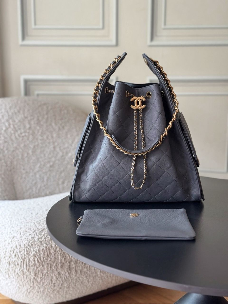 Chanel 25 Hobo bag grey coated canvas and antique gold-tone hardware + Hermès Birkin 25 handbag Beige Marfa Togo leather + Gucci Padlock small top handle bag embossed pink GG leather